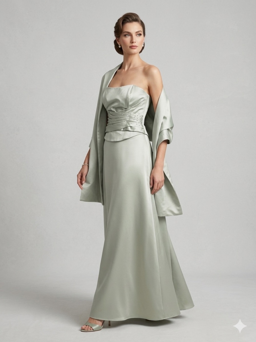 Strapless Satin Evening Gown with Draped Bolero - Sage Green